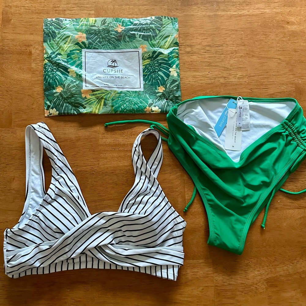 Cupshe Black and White Striped Bikini with Green Bottom